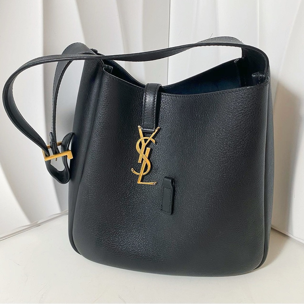 Saint Laurent Black Grained Leather Monogram Bucket Bag